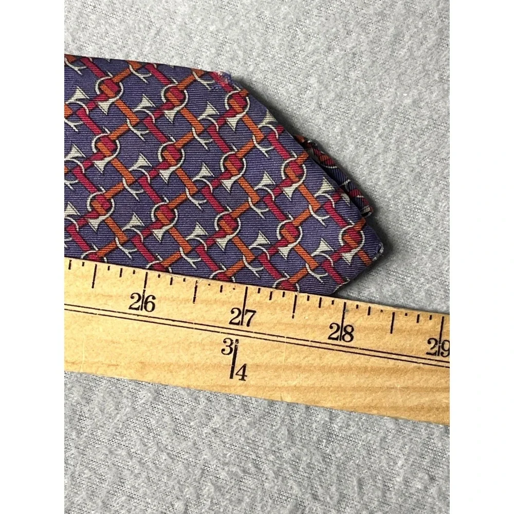 VTG Hermes Paris Mens Silk Necktie Purple Orange Equestrian Bit Pattern 7039 TA